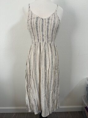 Striped Midi Smocked Sundress with Thin Straps